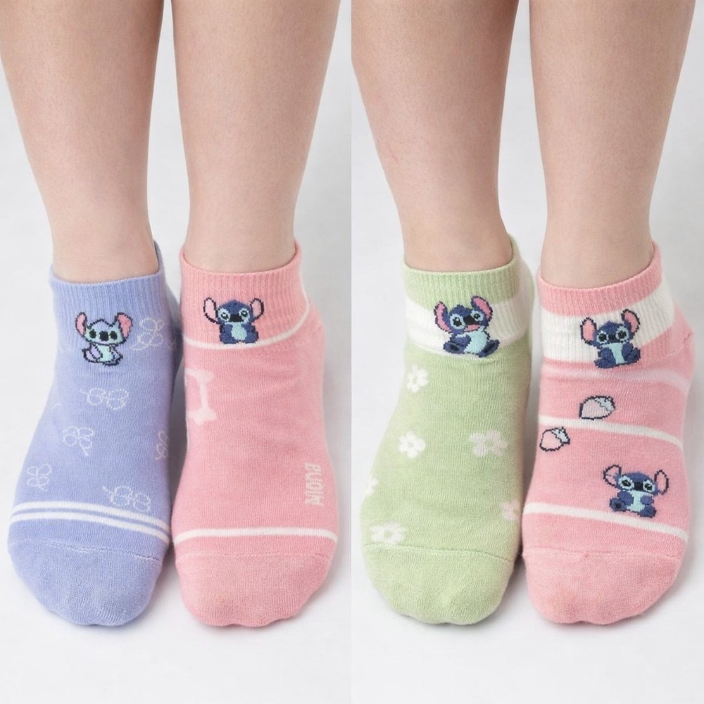NEW 4 Pairs of Stitch-themed Graphic Ankle Socks‎ In Blue, Pink & Green #0790